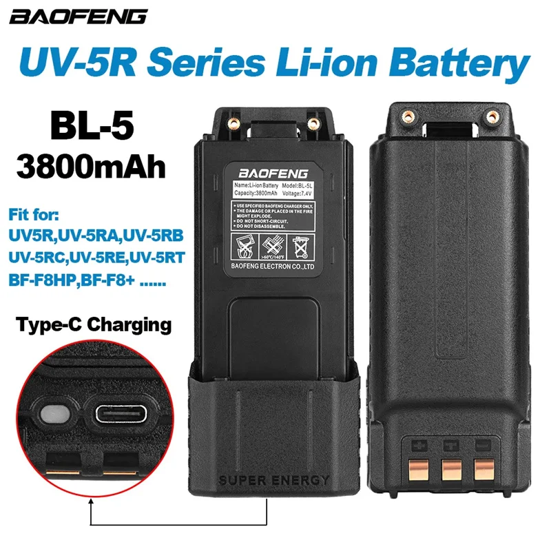 10pcs Original 7.4v 3800mAh Extended Li-ion Battery Pack BL-5L Type-C for BaoFeng UV-5R UV-5RA