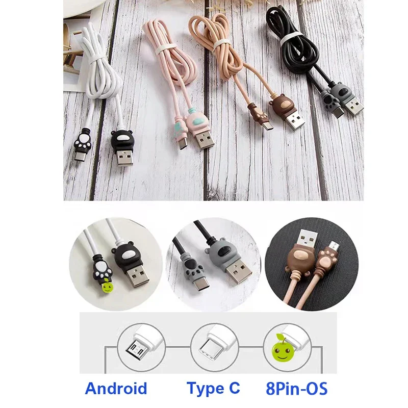 【Fast Delivery】Cute Bear Paw USB Fast Charger Cord For Micro Usb/i/Type C Phone Charger Data Charging Cable