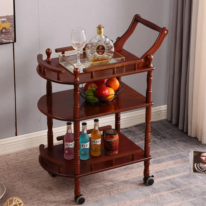 Elegant Solid Wood Serving Cart 2-Tier Rolling Kitchen Trolley for Restaurant Storage Rack Bar Mobile Tea Dessert Cake Server