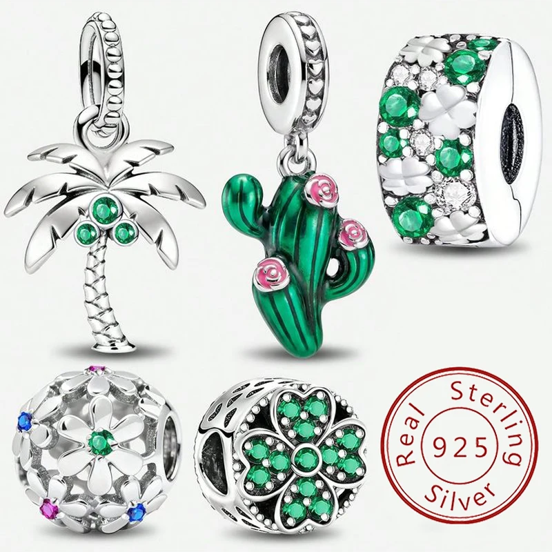 925 Sterling Silber Grüne Kokosnussbaum-Kaktus-Anhänger-Perlen für DIY Armband- und Armreifherstellung – Hochwertiges Modeschmuck-Geschenk