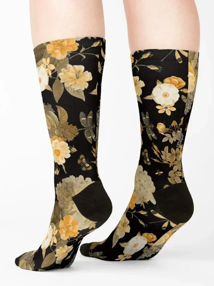 UtART - Vintage Roses Spring Flower And Early Insects Pattern - Sepia Black And Gold Socks loose tennis Socks Man Women's