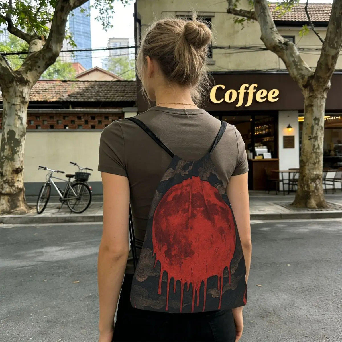 Gothic Blood Moon Pattern Backpacks Portable Drawstring Bags Shoes Bag Book Bags for Travel School