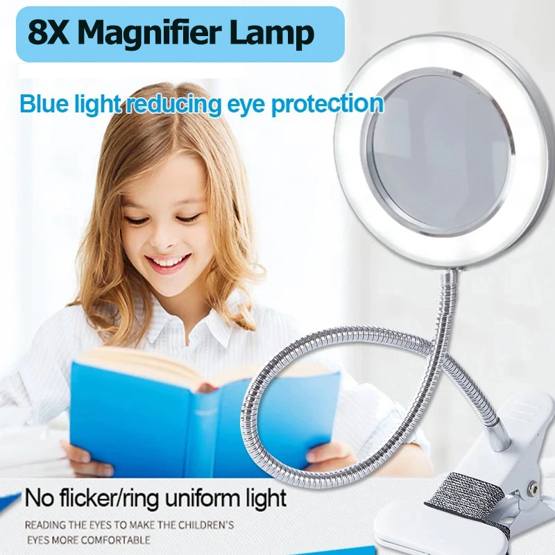 8X Adjustable Magnifier Portable LED Desk Lamp Magnifying Glass with Clip and Circular Light for Elderly Reading/Repair/Jewelry