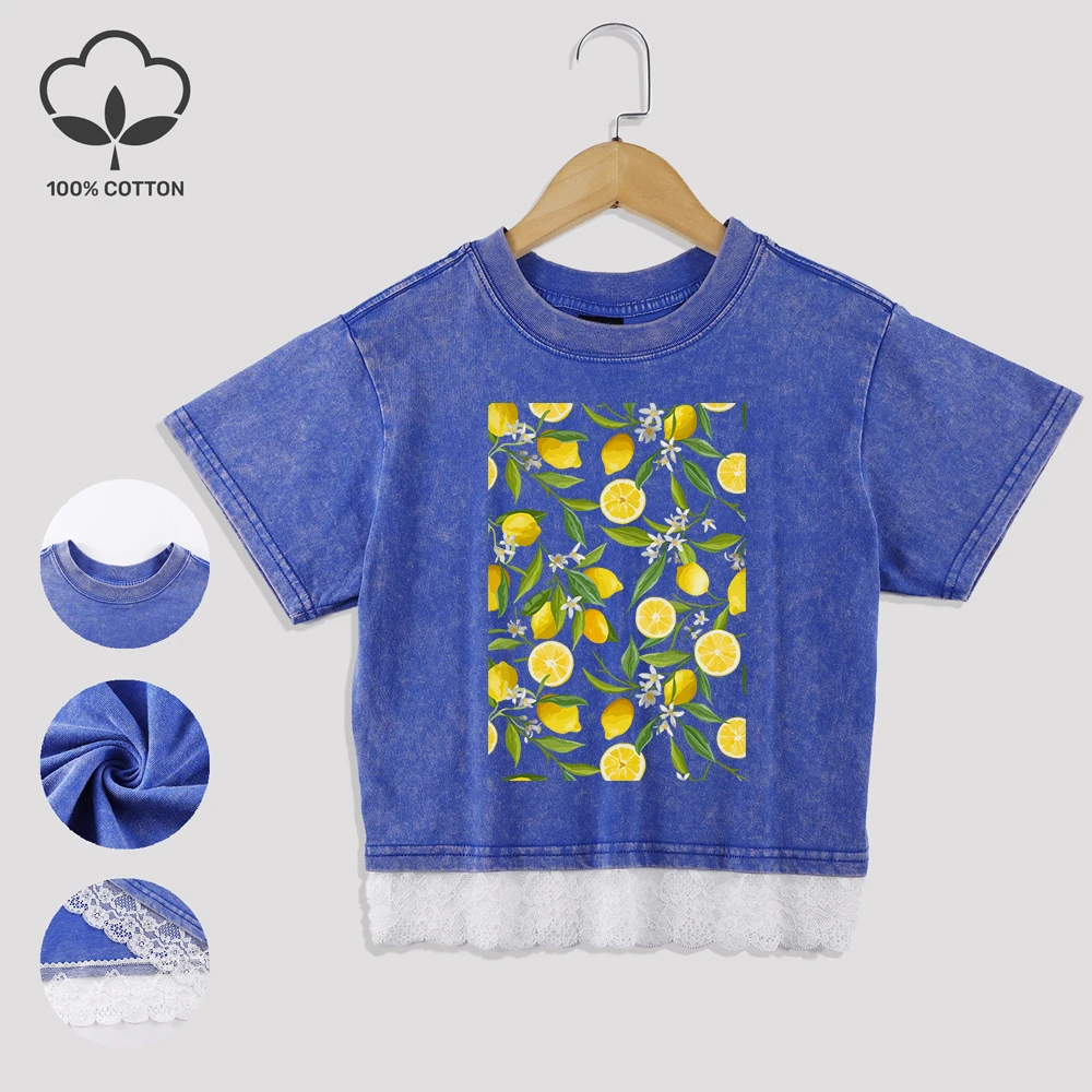 

Хлопковые стираные футболки со свежим лимонным принтом, летние укороченные топы с кружевным подолом, повседневная одежда обычного кроя с короткими рукавами
