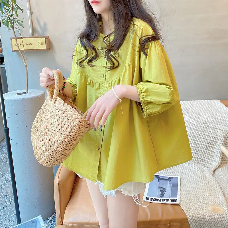 Shirt Top Summer Korean Version Simple Loose Foreign Cotton and Linen Shirt Women\'s Three-quarter Sleeves Blouse Female Casual