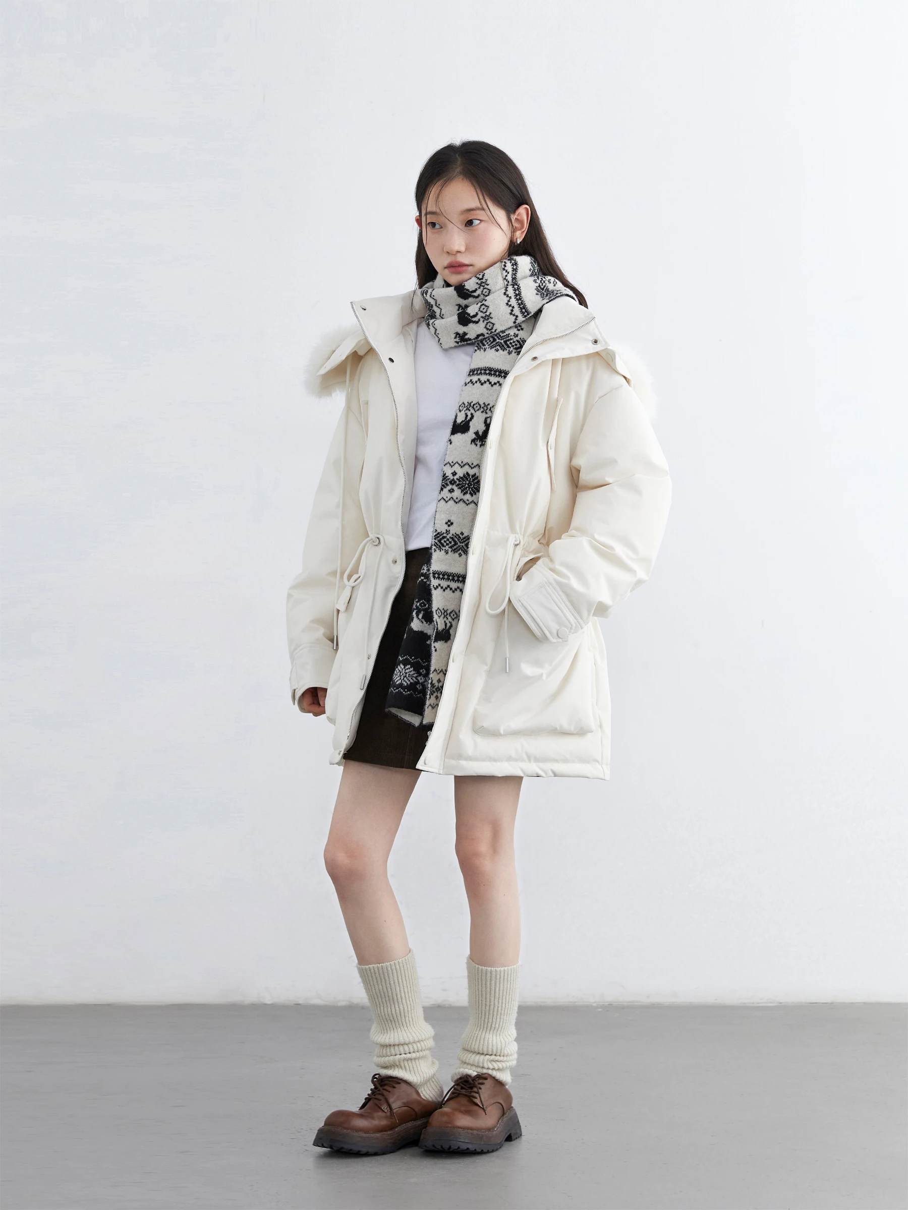 شيك فين الكورية المرأة مقنعين أسفل معطف الصلبة فضفاض عادية 90 الأبيض بطة أسفل الإناث منتصف طول سترة الخريف الشتاء 2025 #4