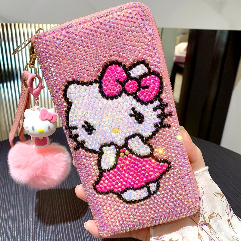 Kawaii Hello Kitty Vol Diamanten Portemonnee Sanrio Cartoon Kt Kat Persoonlijkheid Geld Map Tas Mooie Heldere Meisje Pu Handtas Gift