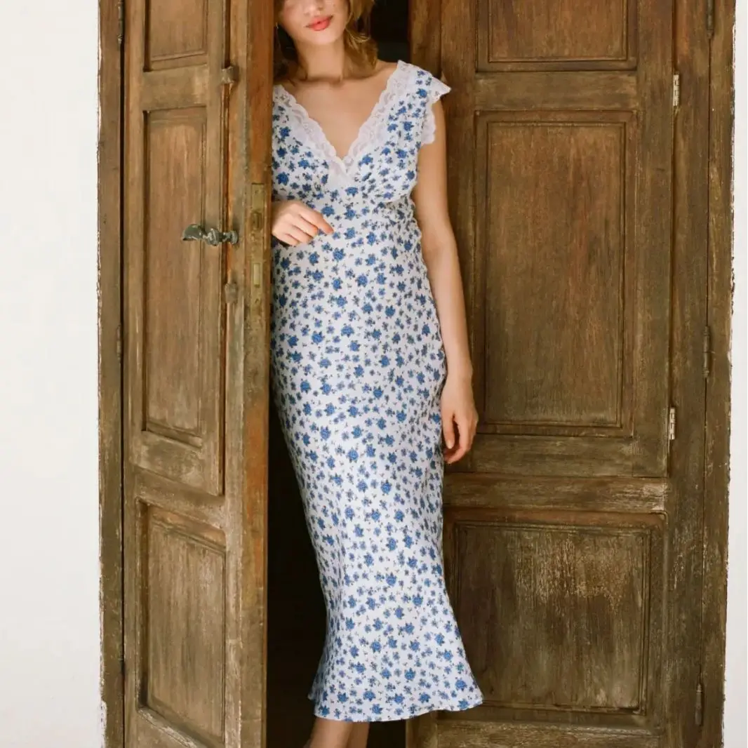 

Ele Long Lace Print V-Ne Slim Fit Dr Women's Summer New Sle French System Blue Floral Print Lace Splicing Dr