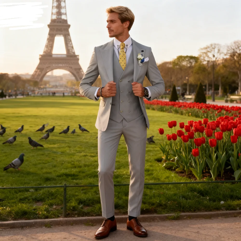 

Men's Smart Casual 3 Piece Peak Lapel Single Breasted Wedding Tuxedo Slim Fit Formal Best Man Groom Costume Homme