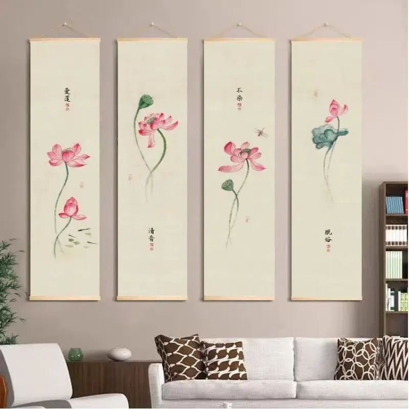 Zen Lotus Wall Art Scroll Aesthetic Room Decor for Living Room Tea Room Meditation Space Japanese Wabi-sabi Style
