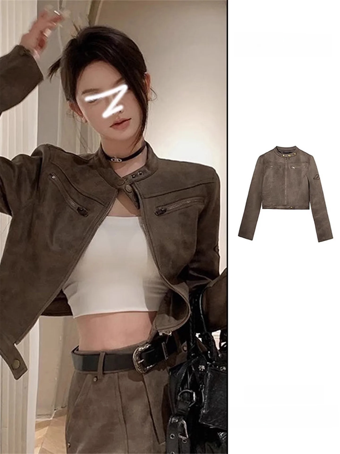 Retro bruin suède leren jas dames slim fit korte motorjas herfst High Sensation Spicy Girl Faion bovenkleding