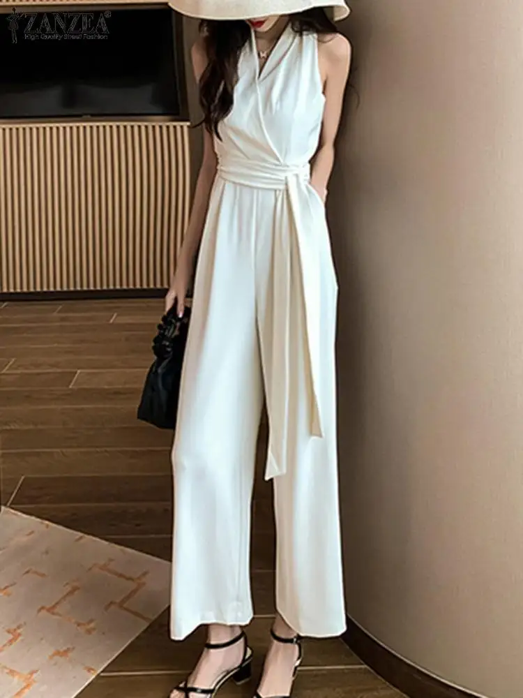 

Fashion Jumpsuit Women ZANZEA 2023 Summer Sleeveless Belted Long Romper Elegant V Neck Playsuit High Waist Wide Leg Pant Overall