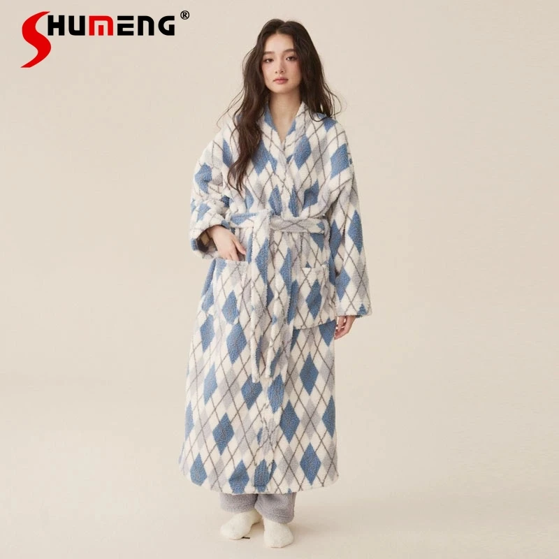 

Autumn Winter Fleece Plaid Nightgown Women's Winter Thickened Pajama Set Female Japanese Style Homewear Long Robe Suits