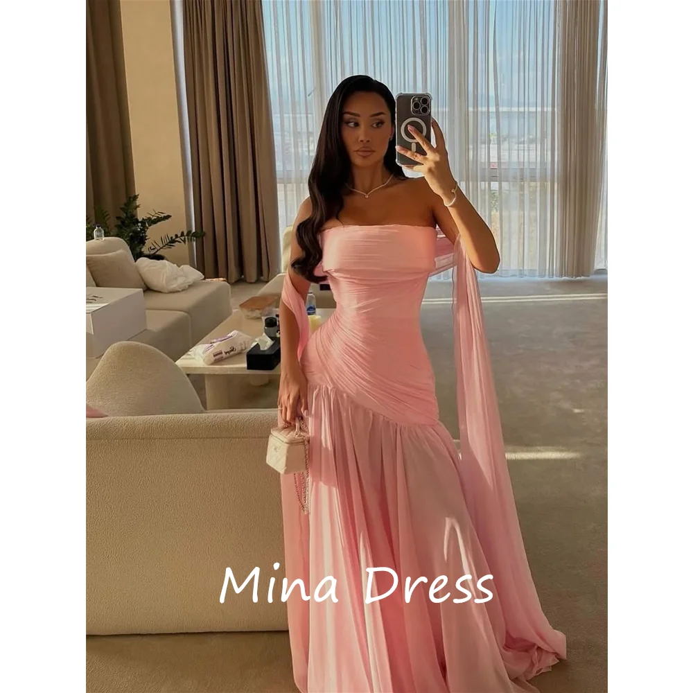

Mina custom elegant strapless neckline pleated skirt sleeveless backless evening gown for special occasions luxurious