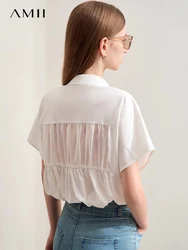 Amii Minimalism 2024 Women Shirt & Blouse Summer New Cotton Blend Spliced Lapel Female Loose Short-sleeve Trendy Shirts 12442198