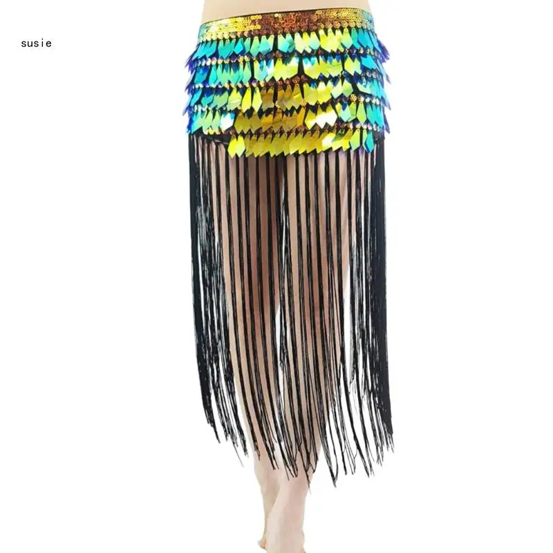 

X7YA Belly Dance Fringe Hip Scarf Festival Sparkling Sequins Tassels Skirt Shinning Glitter Skirts Waist Chain for Women