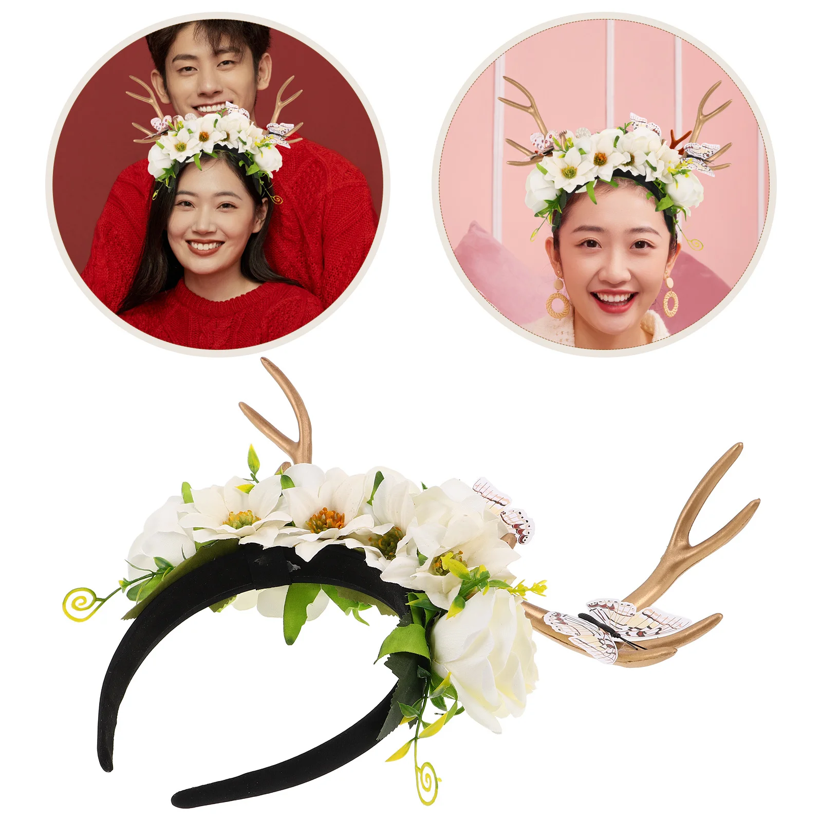 

Butterfly Floral Deer Antlers Headband Exaggerated Lightweight Holiday Party Headwear Reindeer Costume Accessory