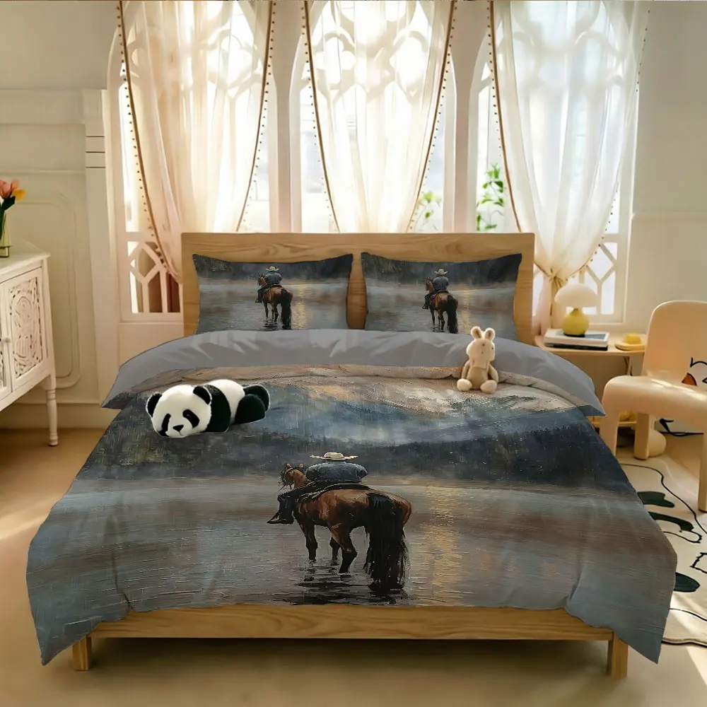 3PCS Western Cowboy Printed Duvet Set No Core 1 Duvet Set 2 Pillowcases Soft and Comfortable Bedding Decoration Machine Washable
