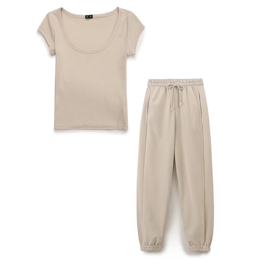 2026 Spring New Product Women's Round Neck Short Sleeve Ribbed T-shirt+Running Pants Pants Set