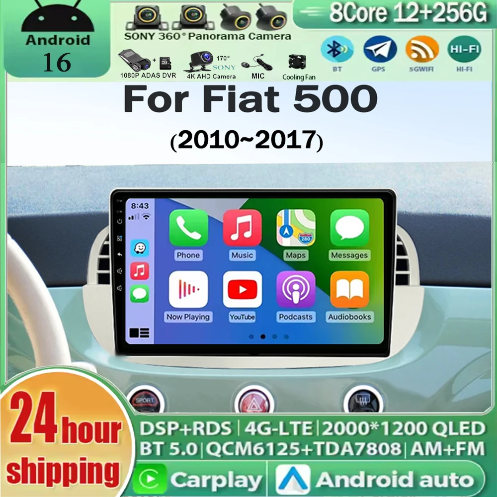 Radio para Auto con Android 16 para Fiat 500 2010 2011 2012 2013 2014 2015 2016 2017, Reproductor Multimedia, Android Auto, Carplay, Unidad Principal, WIFI