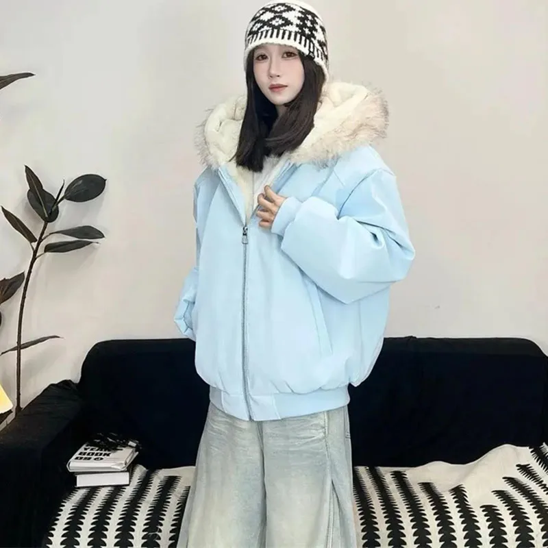 Autumn Winter Women Plush Thicken Warm Coat Lady Fur Collor Hooded Parka Outwear Korean Female Fleece Inner Cotton Padded Jacket