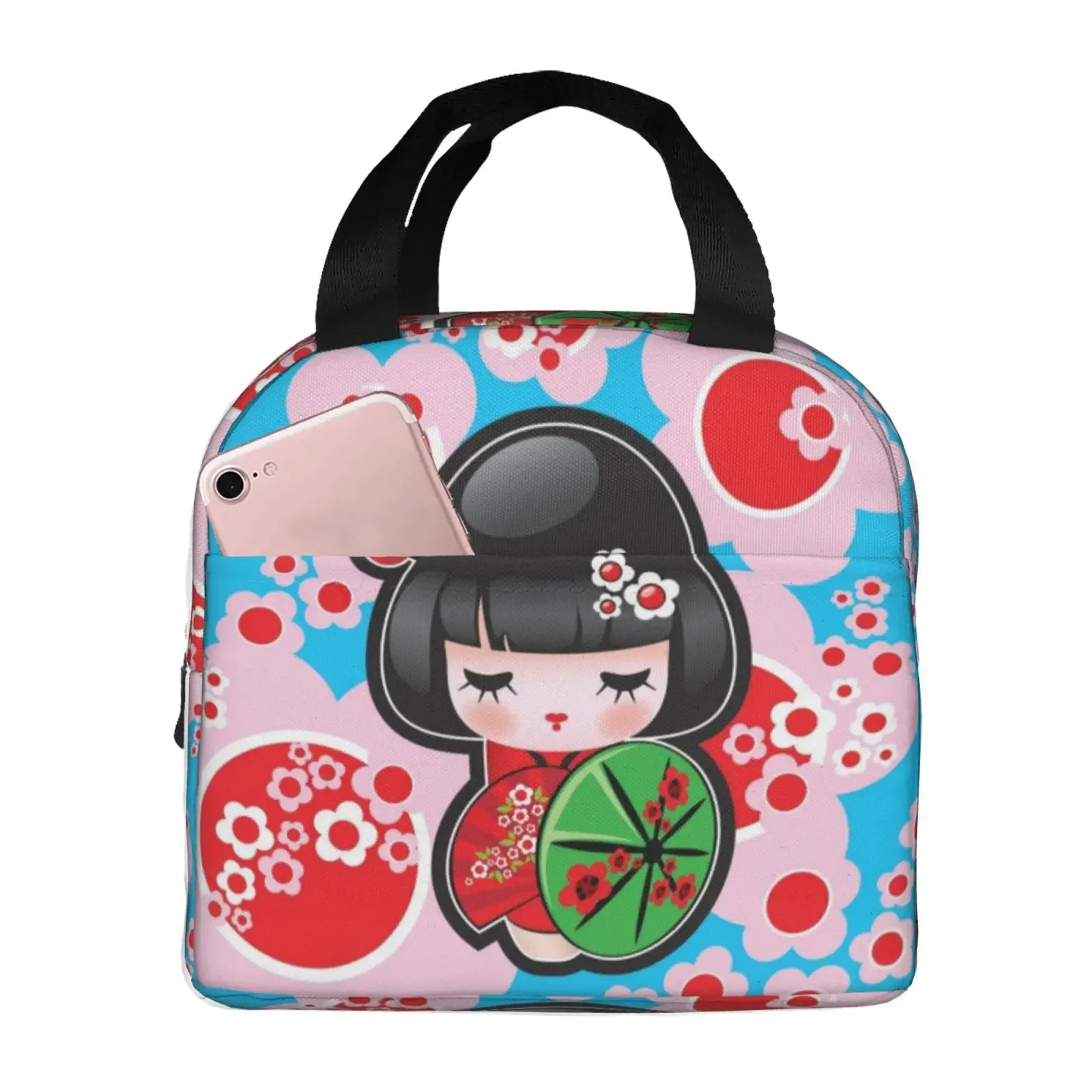 Japanese Keiko Kokeshi Doll Insulated Lunch Bag Cute Design Kimono Geisha Dolls Girls Cooler Thermal Bento Box Lunch Boxes