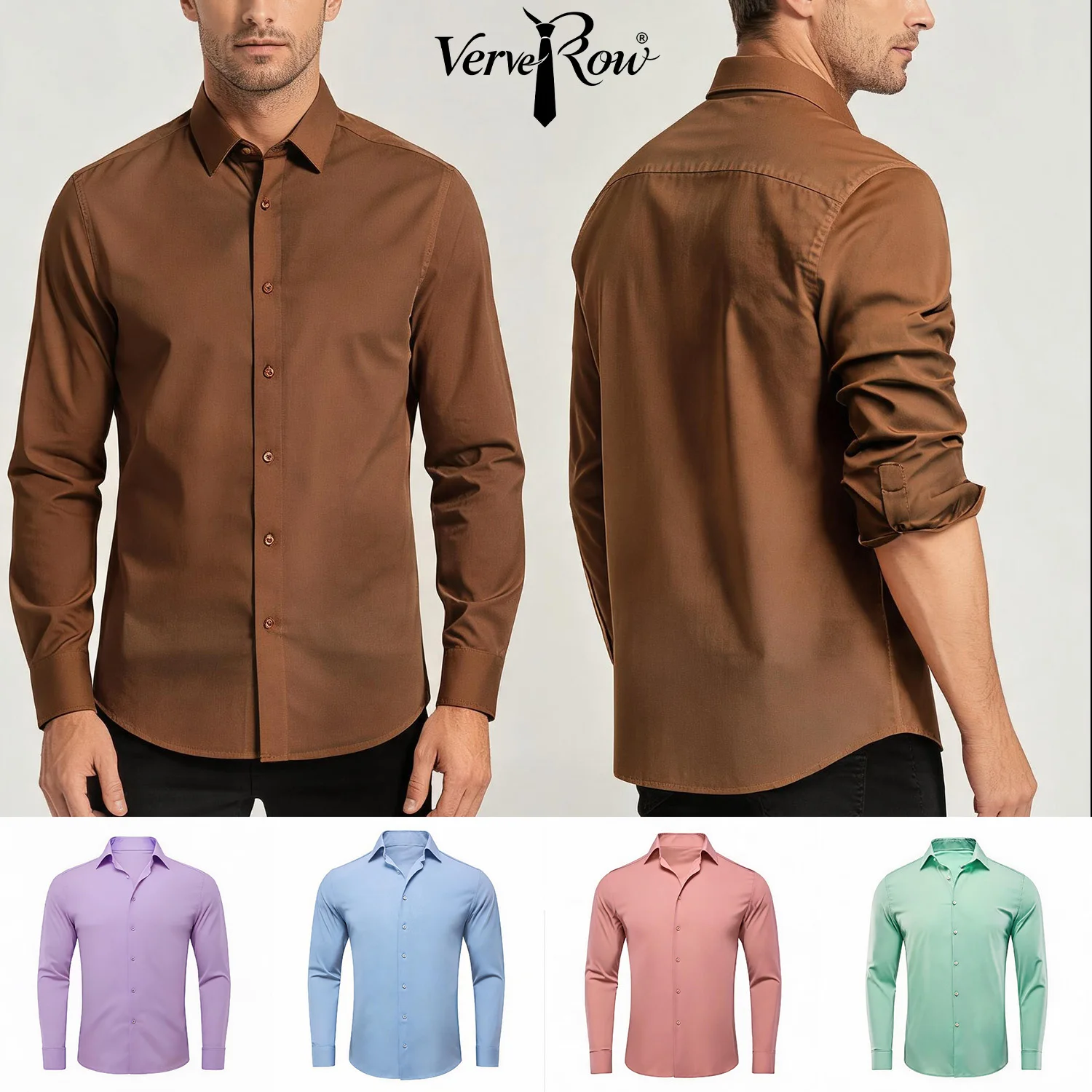 Solid Long Sleeve Shirt Brown or Pink or Purple or Green or Blue or White Office Daily Button Up Top
