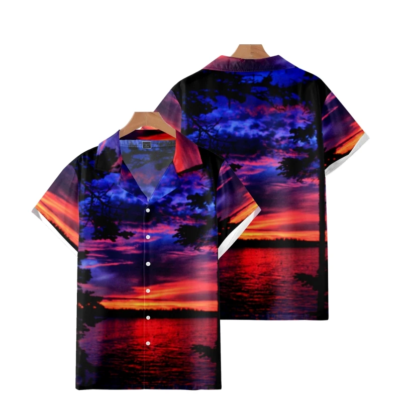 Men's Fashion Cuban Collar Hawaiian Y2K Hombre Shirt Sunset 3D Print Cozy Casual Short Sleeve Beach Oversized Clothes