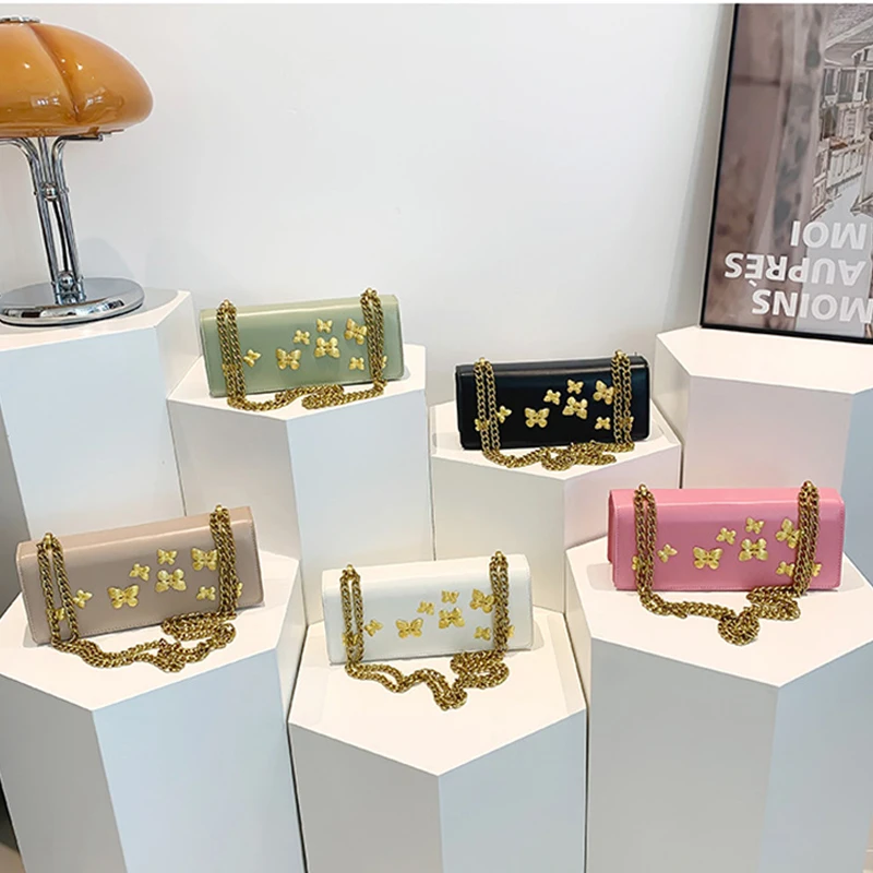 

Модная мини-квадратная сумка, новинка 2025, сумка через плечо с золотой металлической цепочкой и бабочкой, простые женские вечерние сумки для пожилых людей