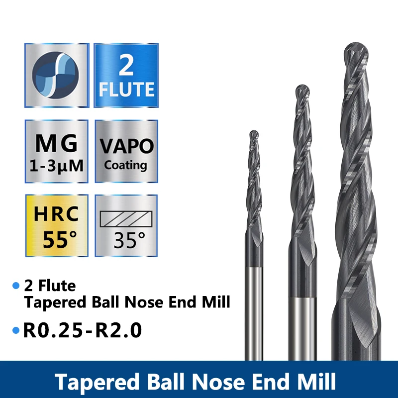 2Flute Tungsten Carbide End Mill 3.175mm Shank Ball Nose Tapered Cutter R0.25-2.0 CNC Router Bit For Wood Metal CNC Milling Tool