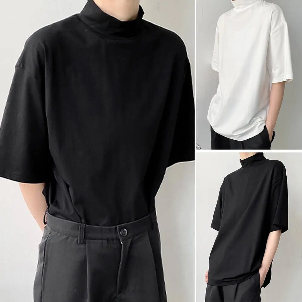 

Men Half-high Collar T-shirt Men's Stand Collar Half Sleeve Summer T-shirt Loose Fit Pure Color Tee for Sports Soft Breathable