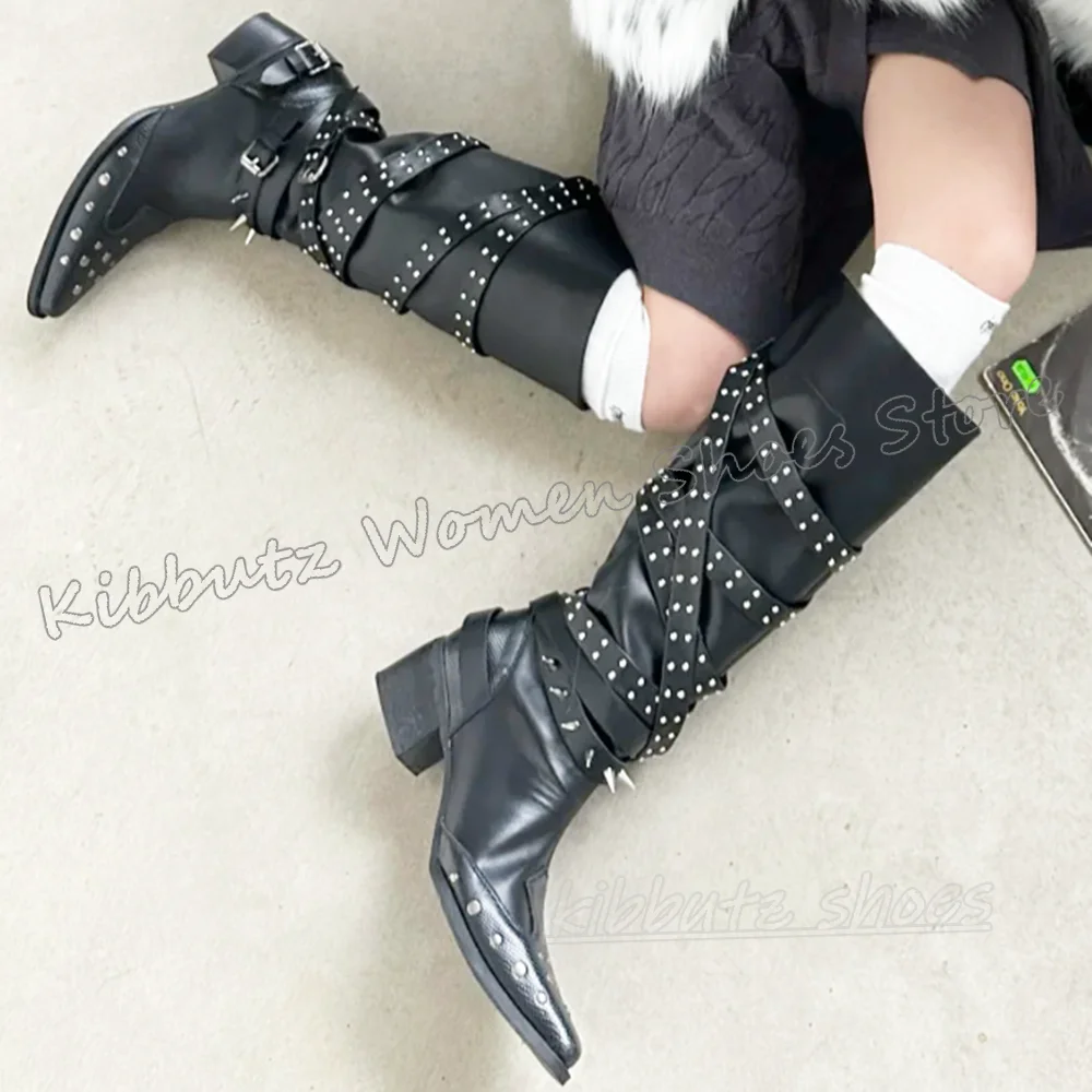 

Rivet Knee High Boot Belt Buckle Cowboy Vintage Fashion Punk Rock Luxury Elegant Belt Buckle Women Shoes New Pointy Chunky Heels