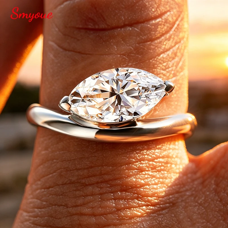 Smyoue 2CT 6*12mm Marquise Cut Moissanite Wedding Rings for Women Dainty Couple Jewelry Lab Diamond Pure S925 Sterling Silver