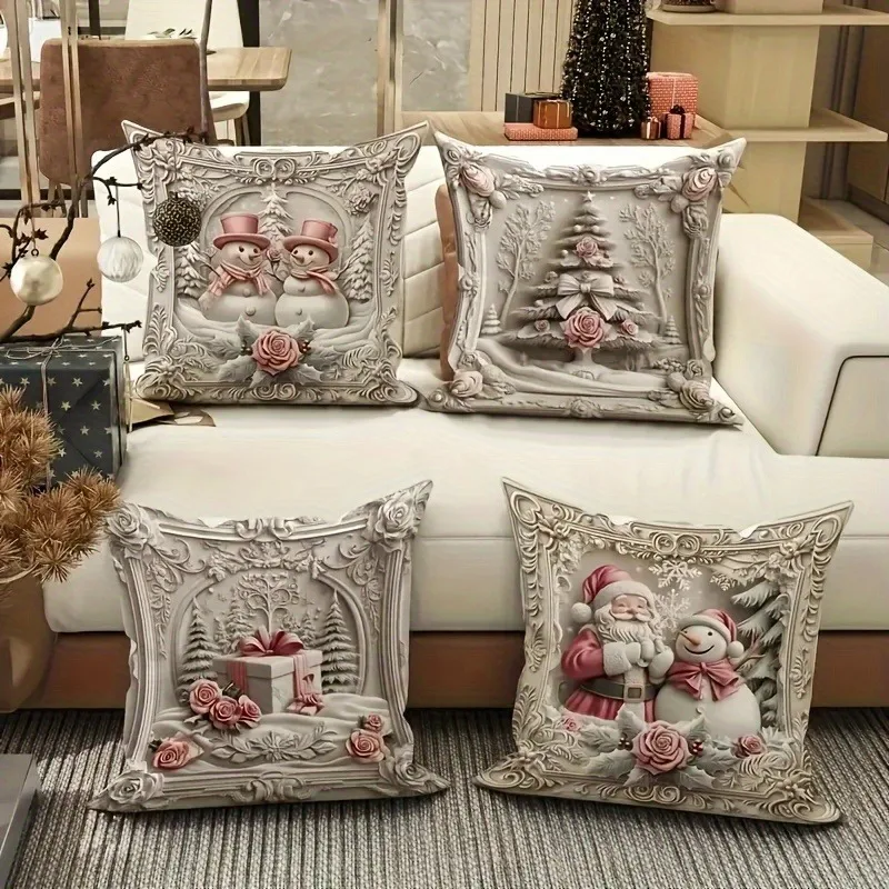 Christmas pillowcases: snowman, Christmas tree, gifts and Santa Claus embossed New Year home decoration 2d flat printing