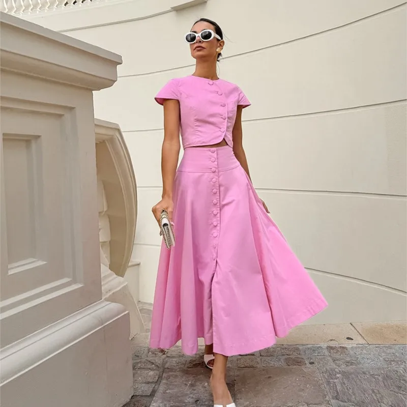 

2025 New Elegant Pink Skirts Set Short Sleeve Slim Shirt Crop Top & A-line High Waist Long Skirt 2 Piece Sets Women Outfits