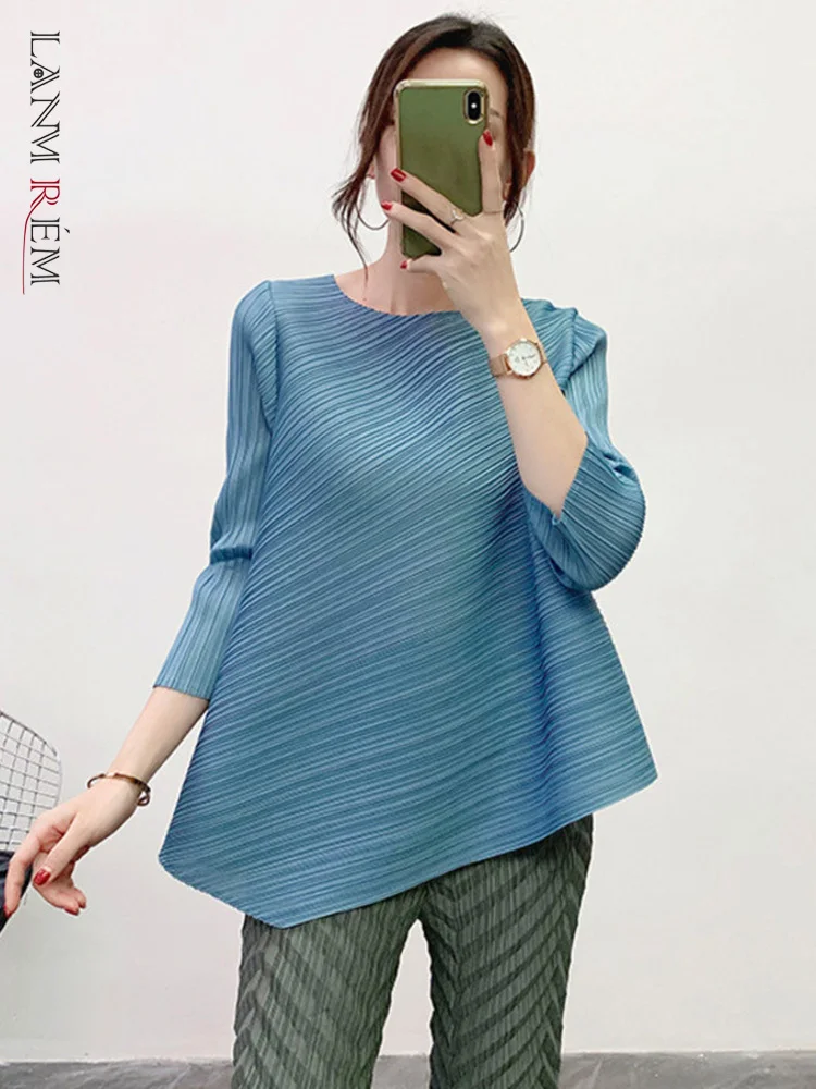 

LANMREM Pleated Shirts For Women Loose Irregular Round Neck Solid Three Quarter Sleeve T-shirt 2024 Spring Fashion Tops YJ790