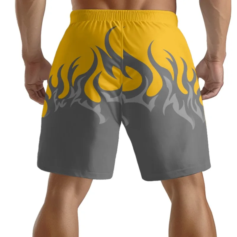 Flame Print Men's Yellow Drawstring Waist Polyester Beach Shorts Quick Dry Breathable Casual Sport Streetwear Shorts