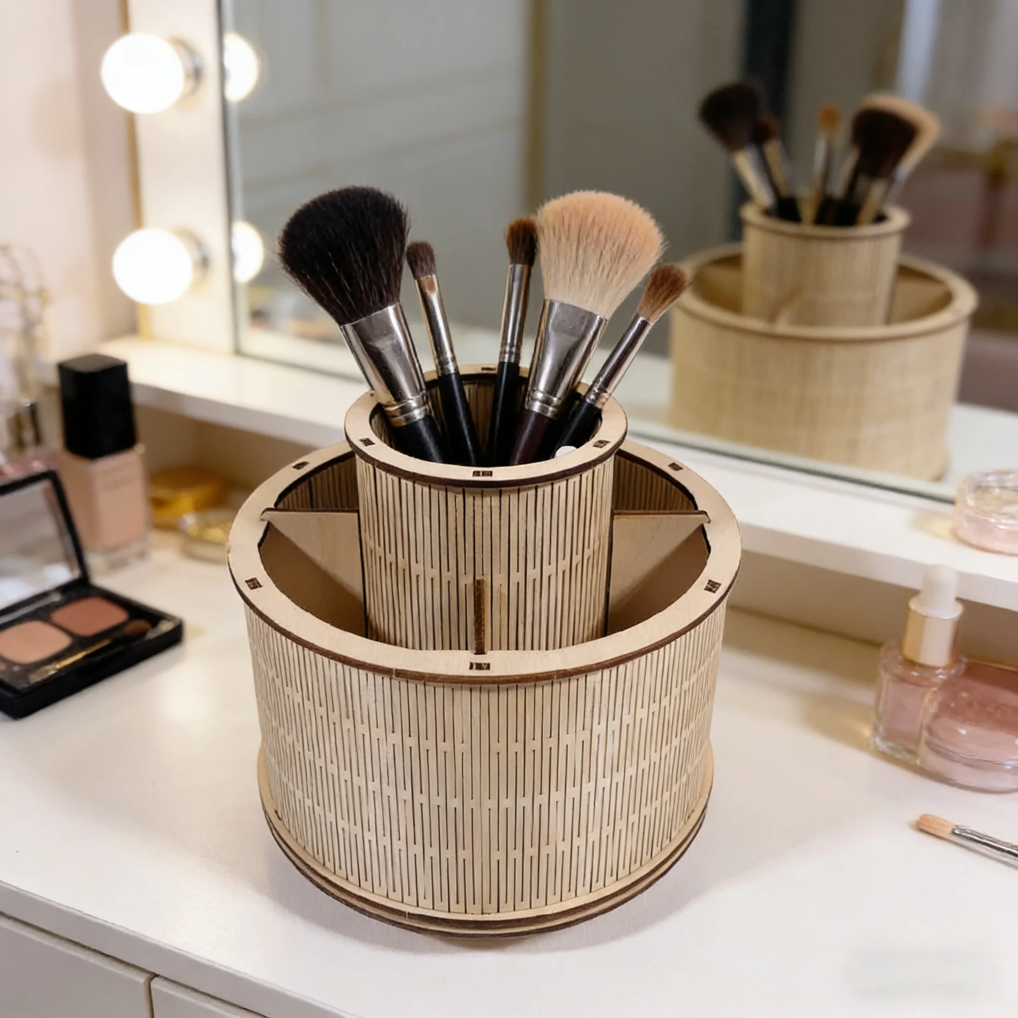 3D Wooden Puzzle Makeup Organiser Rotating Cosmetic Tool Storage Box Desk Organiser Makeup Brush Holder