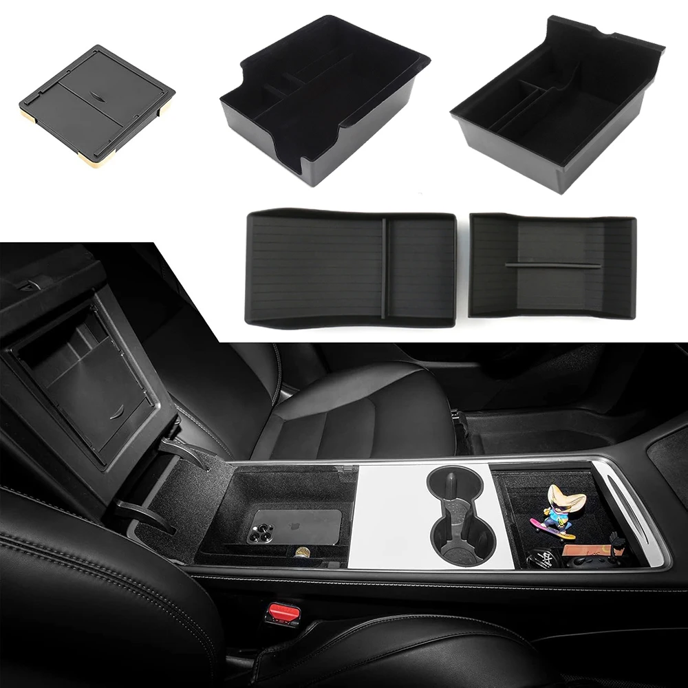 For Tesla Model 3 Highland Model Y 2020- 2024 Center Console Flocking ABS Tray Organizer Central Armrest Lower Storage Box