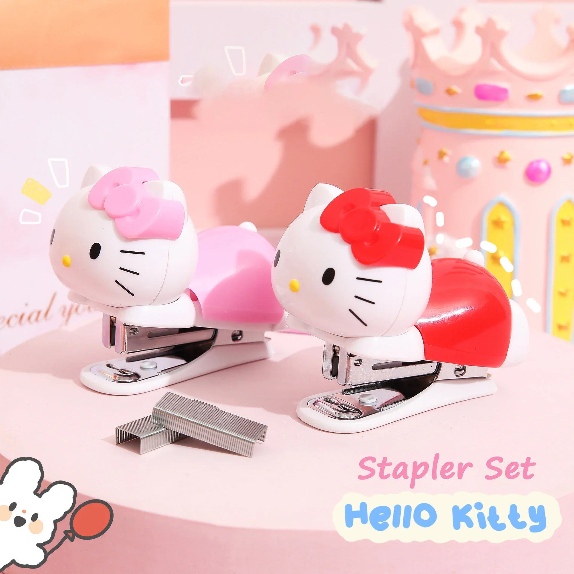 Anime Sanrio Hello Kittys Staplers Set Kawaii Cute Cartoon Beauty Student Material Test Paper Mini Binding Machine Toy Girls