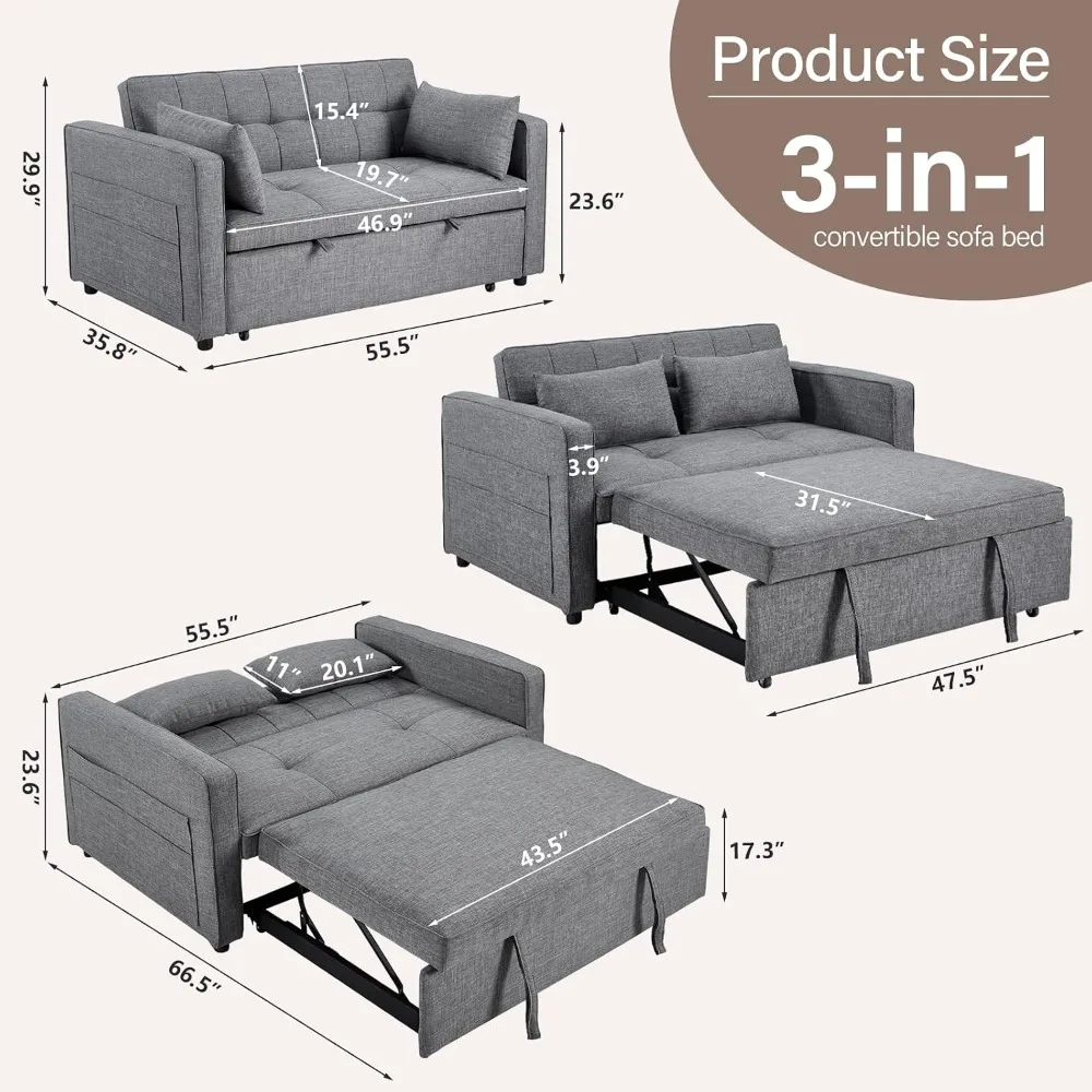 3 in 1 Convertible Sleeper Sofa Bed, Loveseat Chaise Lounge with Pullout Bed, 2-Seater Futon Couches with Storage, Customized
