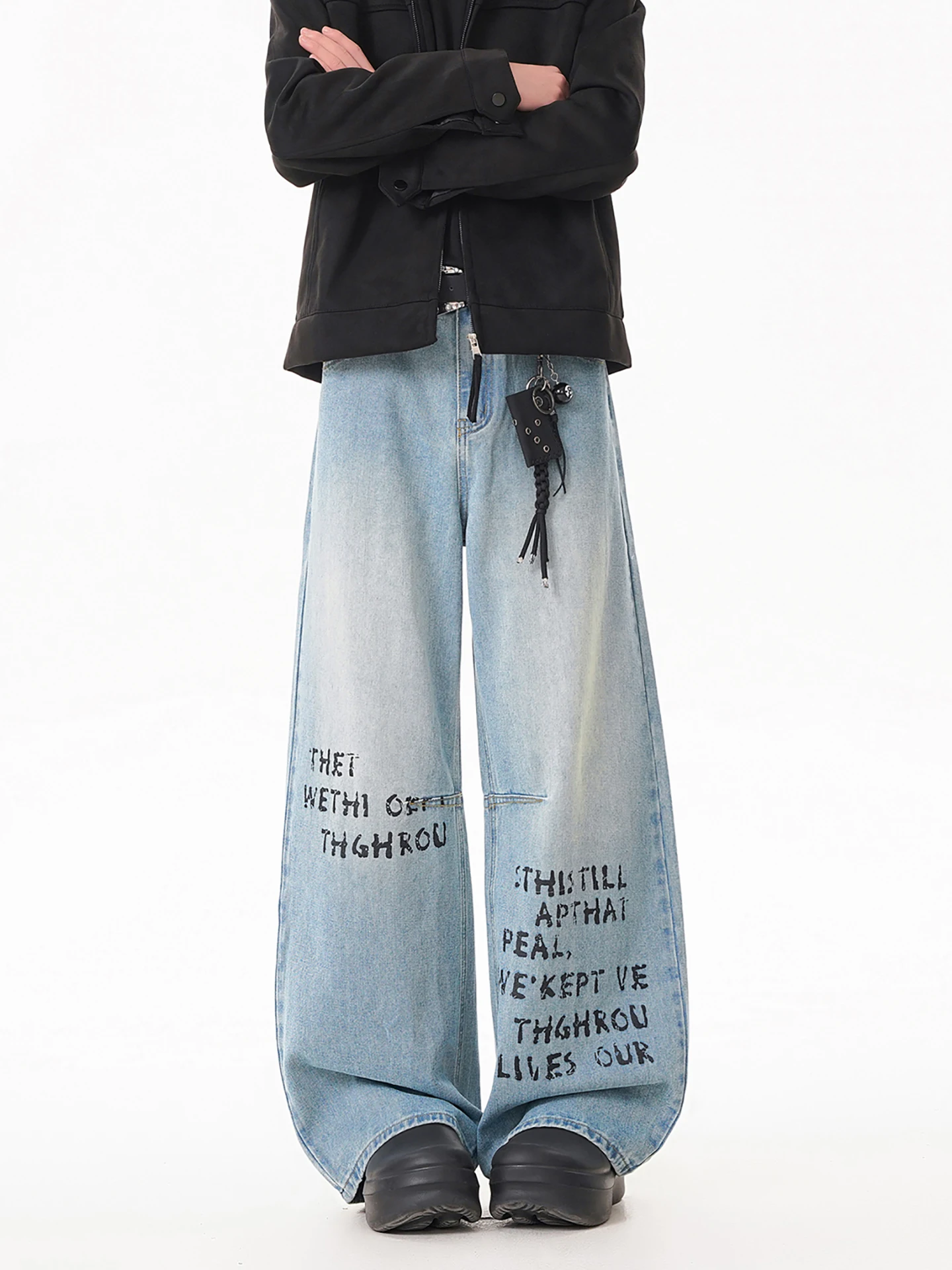 

Boyue American Street Sle Wide Leg Jeans Men Women Loose Retro Letter Print Cool Long Pants Trendy Men's Casual Jeans