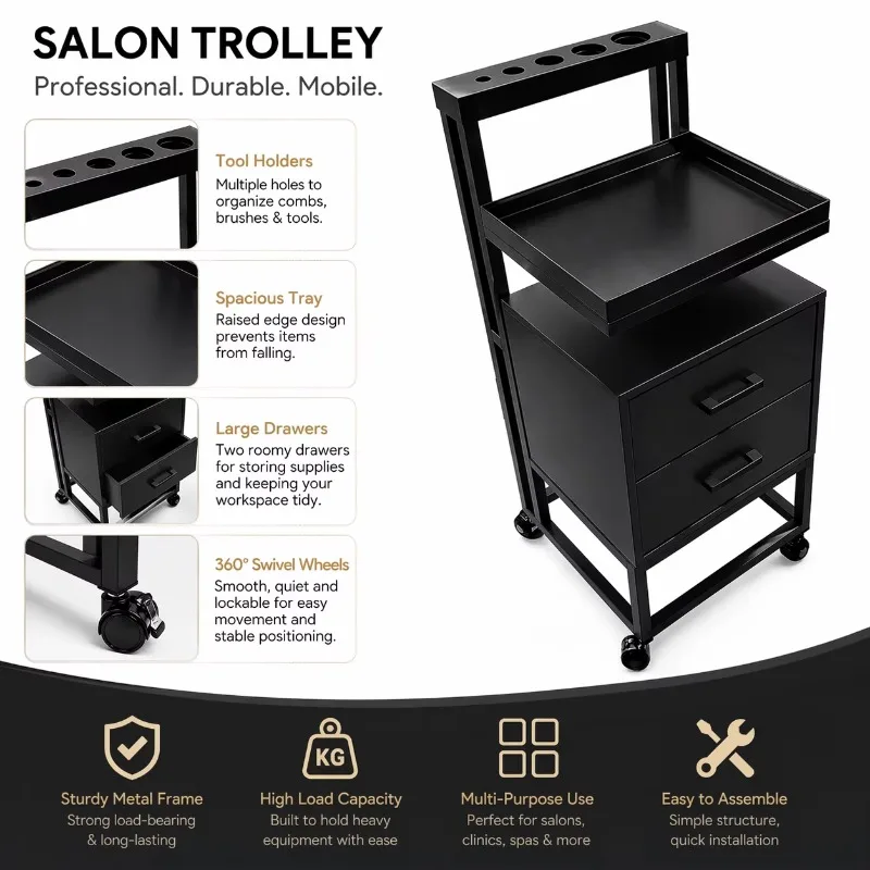 Black Salon Trolley Hairdressing Tool Cart with Drawers Storage Tray and Wheels for Barber Shop Beauty Salon salon trolley