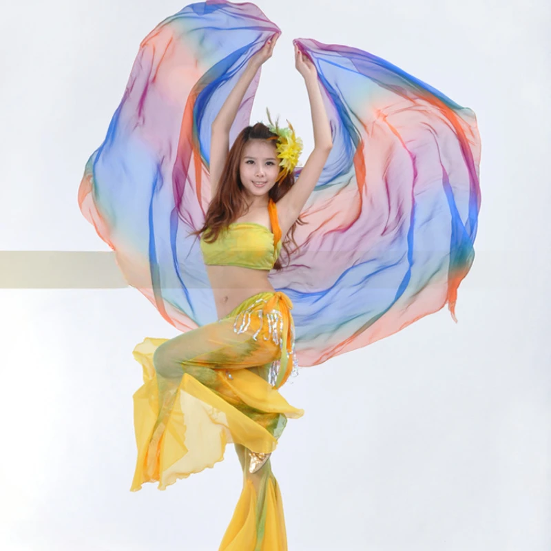 Belly Dance Veils 100% Copy Silk Veils Handmade Gradual Color Veils Performance Dance Solid Color Light Texture Veil Shawls