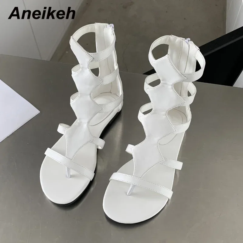 

Aneikeh Women's Shoes 2026 New Rome Fashion Thong Solid Flat with Sewing Leisure Sandal Striped Ankle-Wrap Hollow Out Classics