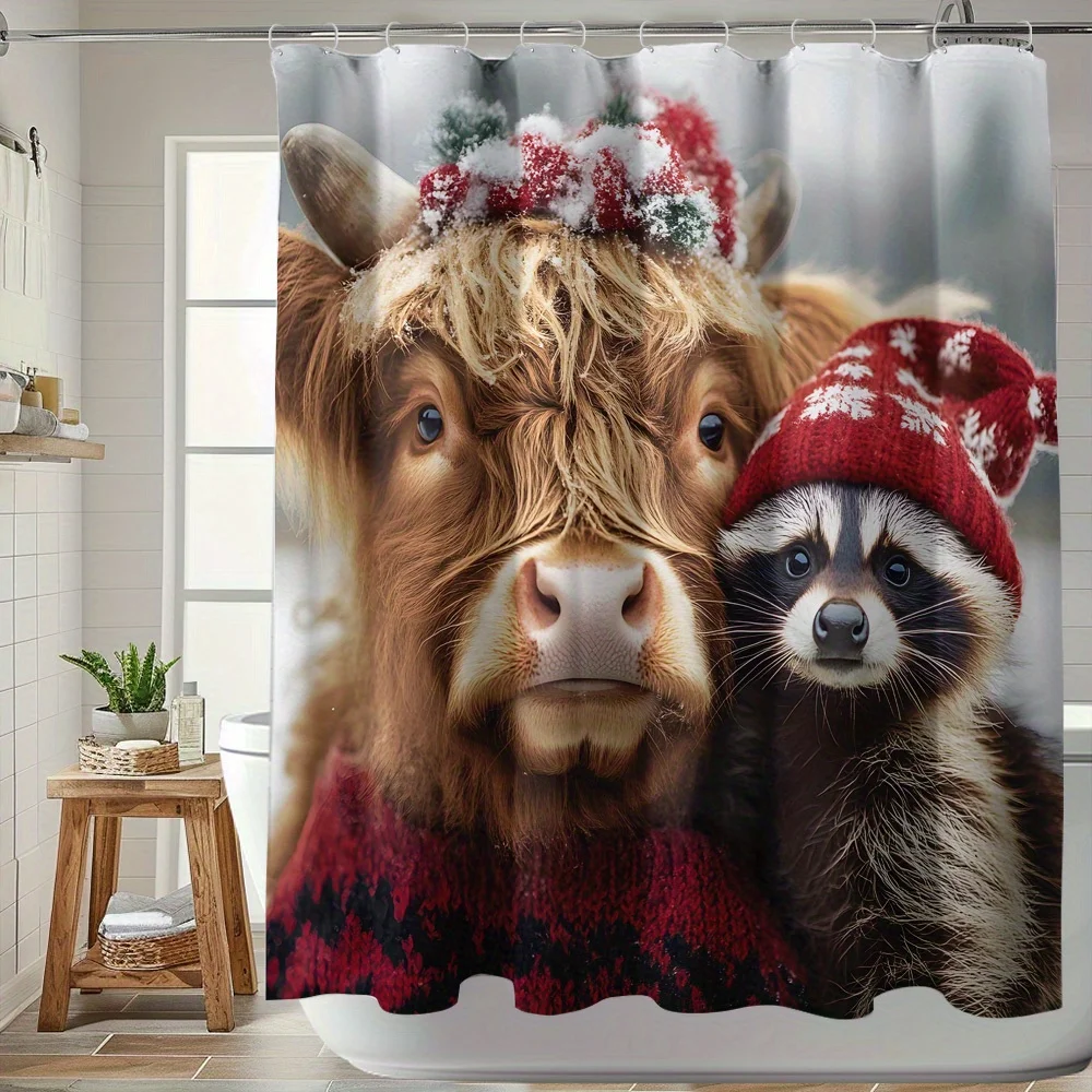 1pc, Shower Curtains for Bathroom, Christmas Cattle Printed Shower Curtain Bath Decor Home Decoration Bathroom Curtain