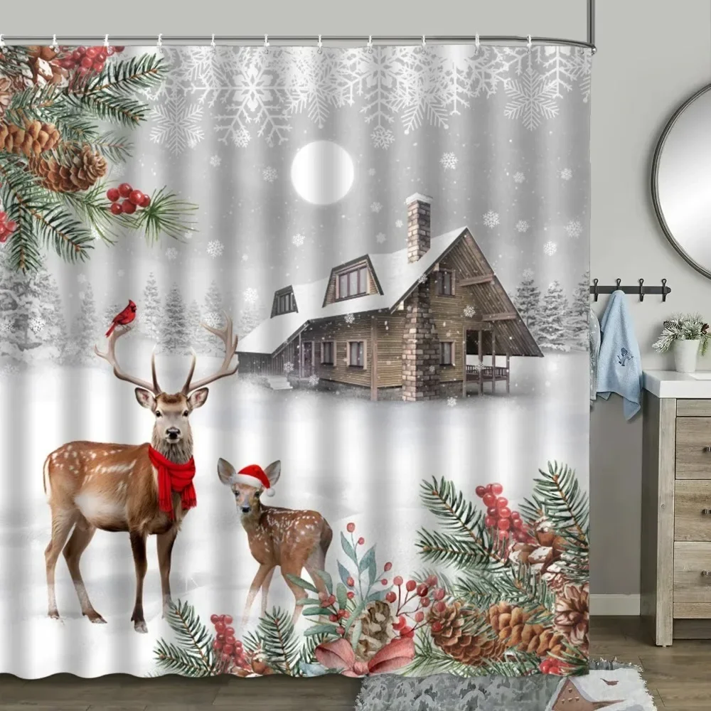 Christmas Shower Curtain, Winter Farm Barn Snowman Animal Moose Berry Christmas Tree Snow Scene Red Bird Bathroom Decoration