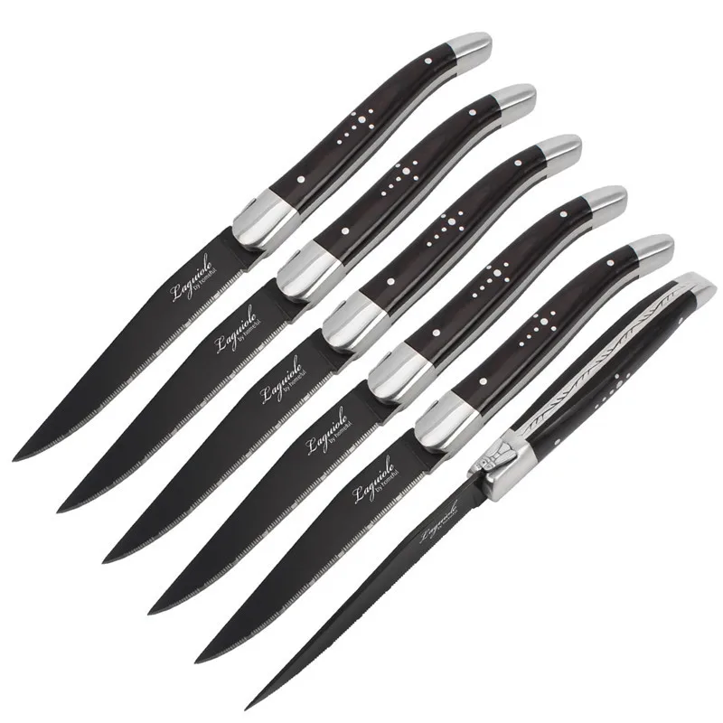 

2/6/10Pcs Laguiole Steak Knife Set Stainless Steel Black-Colored Wood Polished Handles Double Steel Head Cross Nail Steak Knives