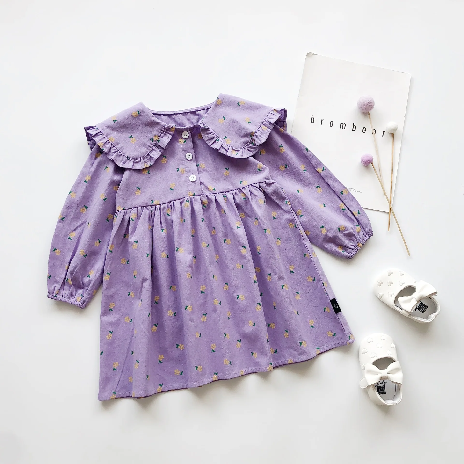 

Girls Skirt Korean Edition Floral Preppy Dress 2024 Spring and Autumn Long-sleeved Ruffled Dress Simple Casual Clothes