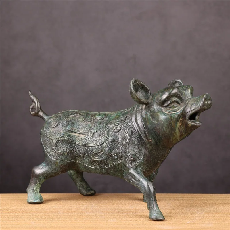 Ancient Bronze Smiling Pig Pure Copper Ornament Green Embroidery Antique Collectible Craft Decoration Film Prop Entrance